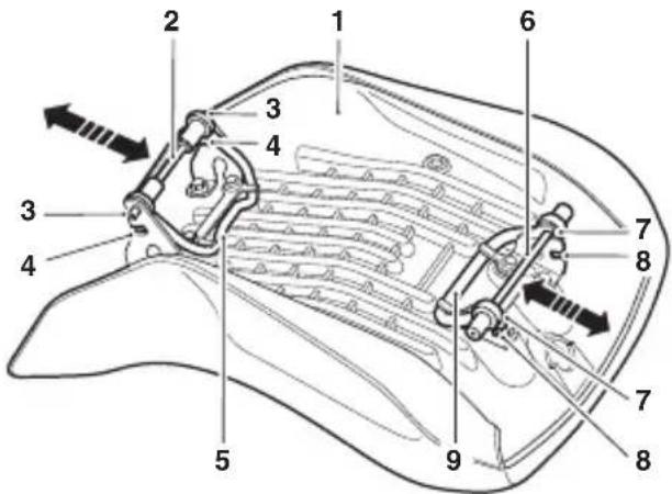 Technical diagram of a car door handle with numbered parts and directional arrows indicating movement or assembly.