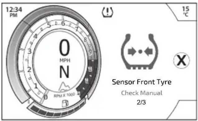 12:34 PM 0 MPH N RPM X 1000 15 °C Sensor Front Tyre Check Manual 2/3