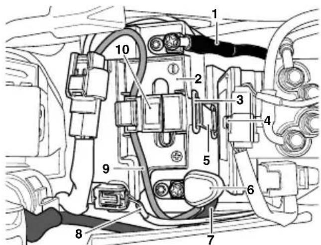 Technical diagram of a vehicle engine compartment with numbered components for identification