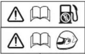 Warning symbols and icons for safety or hazard, including warning signs, open books, a fuel pump, and a helmet.