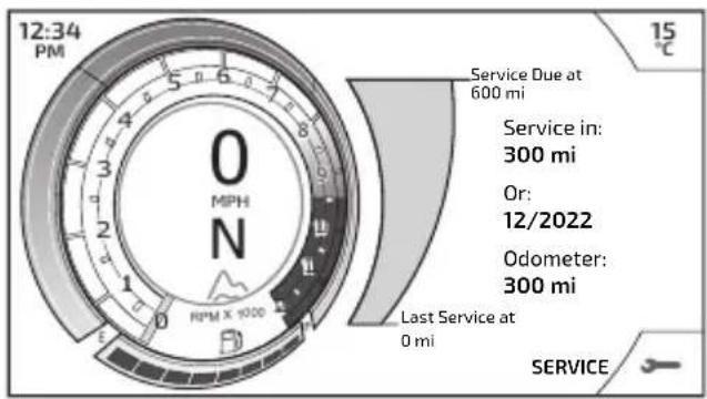 12:34 PM 0 MPH N RPM X 1000 Service Due at 600 mi Service in: 300 mi Or: 12/2022 Odometer: 300 mi Last Service at 0 mi 15 °C SERVICE