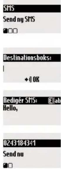 SMS Send ny SMS □□□ Destinationsboks: | +□ OK Bedigér SMS: E|ab Hello, 0243184341 Send nu □□