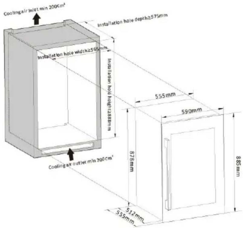 Cooling air inlet min 200cm² Installation hole width≥565mm Installation hole height≥585mm Cooling air outlet min 200cm² Installation hole depth≥575mm 555mm 590mm 878mm 512mm 555mm 885mm