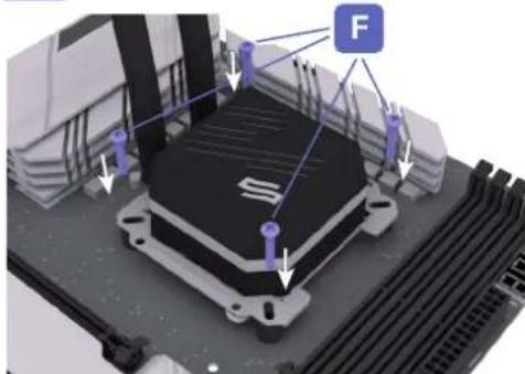 Technical diagram of a mechanical assembly with labeled component 'F' and directional arrows indicating movement or assembly.