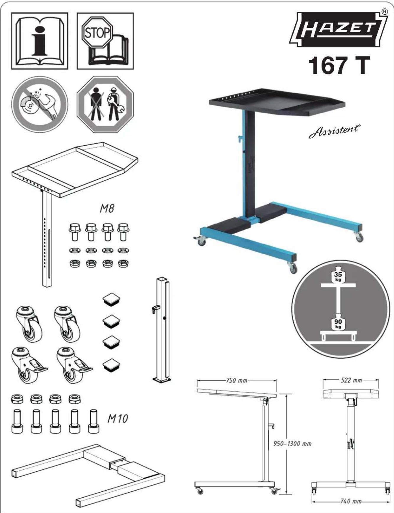 HAZET® 167 T Assistent® M8 35 kg 90 kg 750 mm 522 mm 950-1300 mm 740 mm