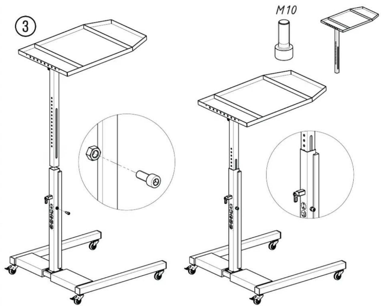 Technical line drawings of a mechanical support system with labeled components and detail views