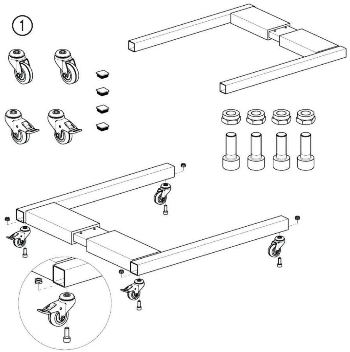 Technical diagram showing assembly of a mechanical frame with labeled components and exploded views