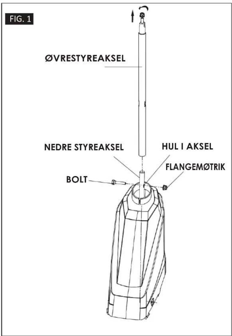 FIG. 1 ØVRESTYREAKSEL NEDRE STYREAKSEL BOLT HUL I AKSEL FLANGEMØTRIK