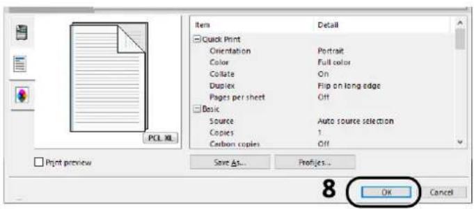 PCL XL Print preview Quick Print Orientation Color Collate Duplex Pages per sheet Basic Source Copies Carbon copies Detail Portrait Full color On Flip on long edge Off Auto source selection 1 Off Save As... Profiles... 8 OK Cancel