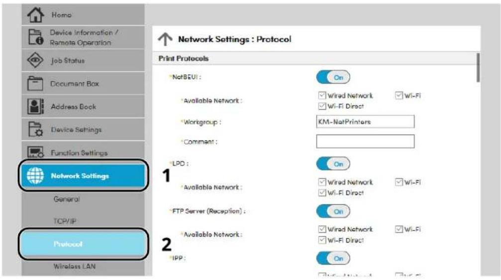 Home Device Information / Remote Operation Job Status Document Box Address Book Device Settings Function Settings Network Settings General TCP/IP Protocol Wireless LAN Network Settings : Protocol Print Protocols *NetBEUI : *Available Network : *Workgroup : *Comment : 1 2 On Wired Network ✓ Wi-Fi Wi-Fi Direct KM-NatPrinters On Wired Network ✓ Wi-Fi Wi-Fi Direct On Wired Network ✓ Wi-Fi Wi-Fi Direct On IPP :