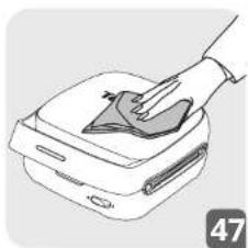 Illustration of a hand cleaning a small electronic device with a cloth (no text or symbols)