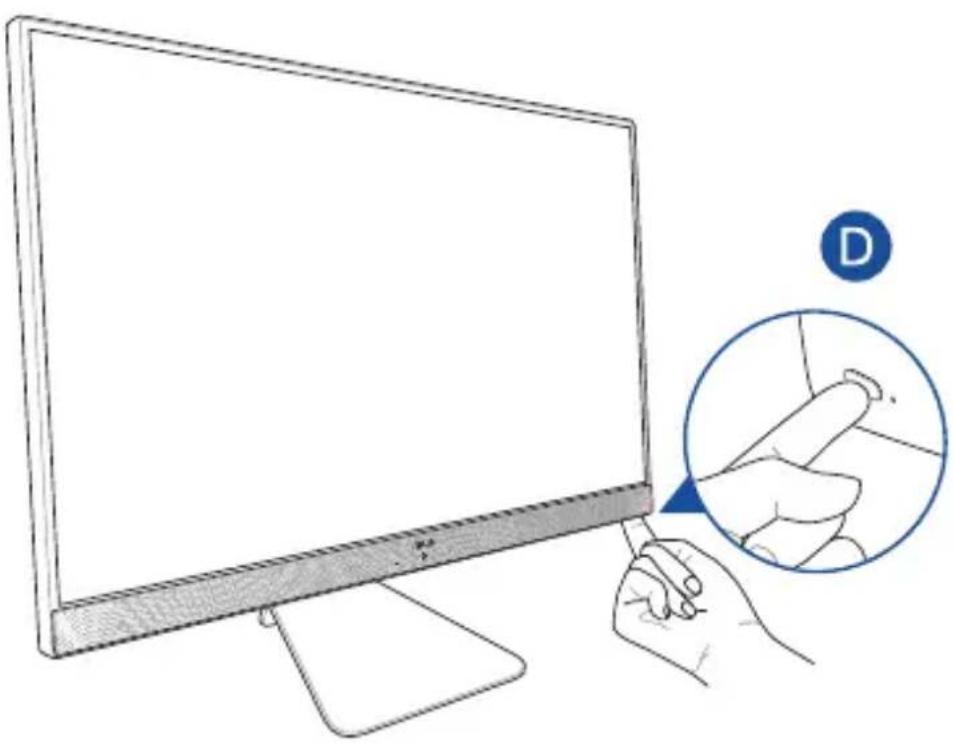 Linjetegning af en computerskærm med en hånd, der peger på den, og viser et forstørret indlæg af skærmen (uden tekst eller symboler)