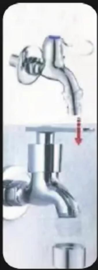 Illustration of a faucet with a red arrow indicating downward motion (no text or symbols)