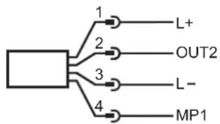 graph TD A[" "] --> B["1"] A --> C["2"] A --> D["3"] A --> E["4"] B --> F["L+"] C --> G["OUT2"] D --> H["L-"] E --> I["MP1"]