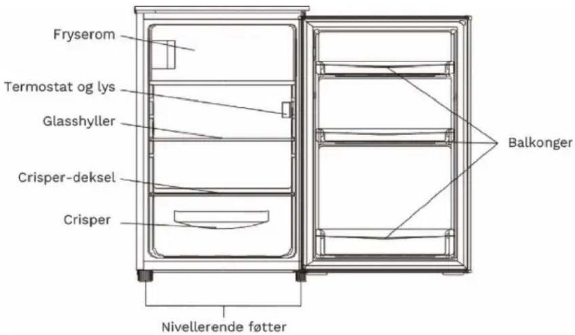 Fryserom Termostat og lys Glasshyller Crisper-deksel Crisper Balkonger Nivellerende føtter