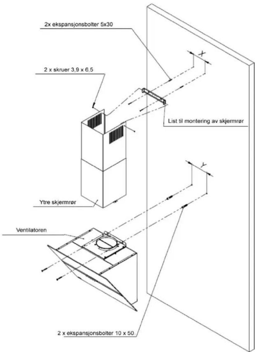 2x ekspansjonsbolter 5x30 2 x skruer 3,9 x 6,5 Ytre skjermrør List til montering av skjermrør Ventilatoren 2 x ekspansjonsbolter 10 x 50