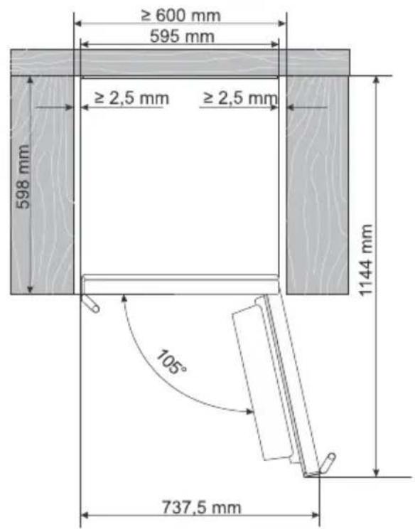 ≥ 600 mm 595 mm ≥ 2,5 mm ≥ 2,5 mm 598 mm 1144 mm 105° 737,5 mm