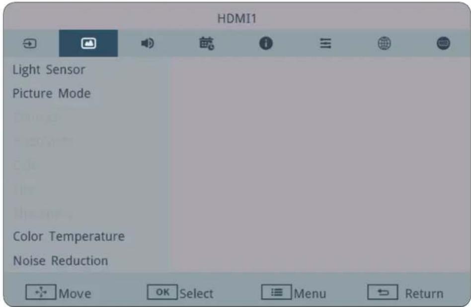 HDMI1 Light Sensor Picture Mode Color Temperature Noise Reduction Move OK Select Menu Return