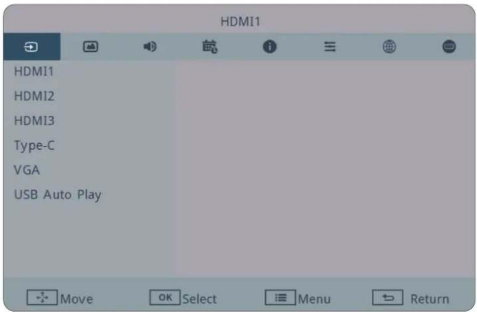 HDMI1 HDMI1 HDMI2 HDMI3 Type-C VGA USB Auto Play Move OK Select Menu Return