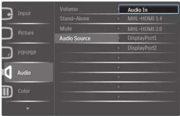 Input Picture PIP/PBP Audio Color Volume Audio In Stand-Alone MHL-HDMI 1.4 Mute MHL-HDMI 2.0 Audio Source DisplayPort1 DisplayPort2 Audio