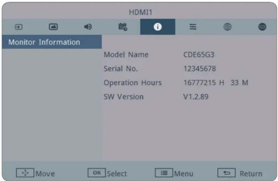 HDMI1 Monitor Information Model Name CDE65G3 Serial No. 12345678 Operation Hours 16777215 H 33 M SW Version V1.2.89 Move OK Select Menu Return