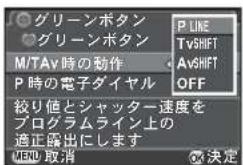 グリーンボタン グリーンボタン M/TAv時の動作 P時の電子ダイヤル P LIKE TvSHIFT AvSHIFT OFF 絞り値とシャッター速度を プログラムライン上の 適正露出にします HIND 取消 決定