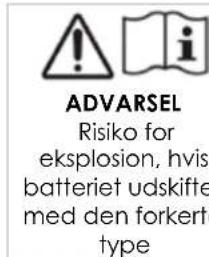 ADVARSEL Risiko for eksplosion, hvis batteriet udskifte med den forkerte type