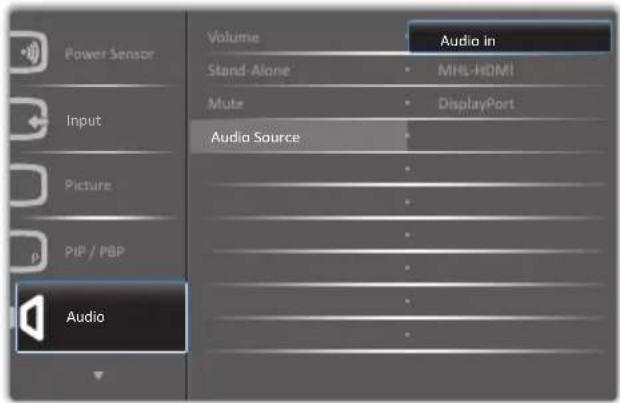 Power Sensor Input Picture PIP / PBP Audio Volume Audio in Stand-Alone MHL-HDMI Mute DisplayPort Audio Source Audio
