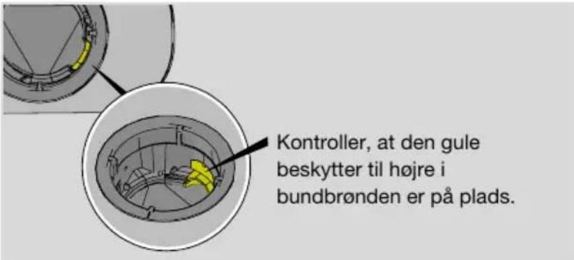 Kontroller, at den gule beskytter til højre i bundbrønden er på plads.