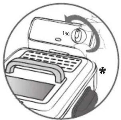 Illustration of a portable air conditioner with a rotary dial and control knob, enclosed in a circular frame (no text or symbols)