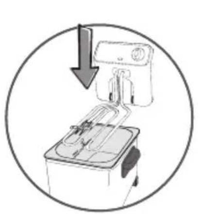 Diagram of a kitchen appliance with a downward arrow indicating a process (no text or symbols present)