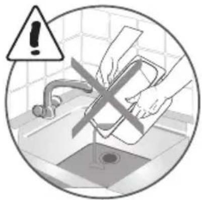 Safety warning symbol showing a hand washing a water bottle on a sink, with a warning triangle and cross mark.