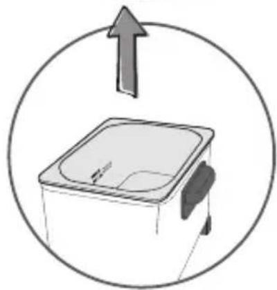 Simple line drawing of a square kitchen appliance with an upward arrow, enclosed in a circle (no text or symbols)