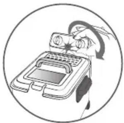 Illustration of a hand operating a portable device with a screen and antenna, enclosed in a circle (no text or symbols)