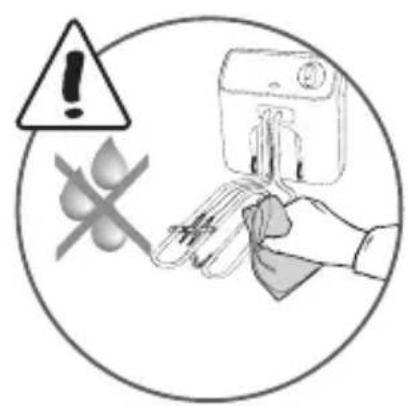 Warning sign with warning triangle, crossed-out food, and hand holding cleaning tools