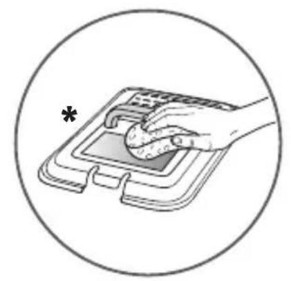 Illustration of a hand pressing a button on a device component, enclosed in a circle (no text or symbols)