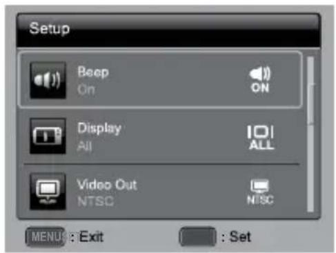 Setup Beep On Display All Video Out NTSC ON ALL NTSC MENU: Exit : Set