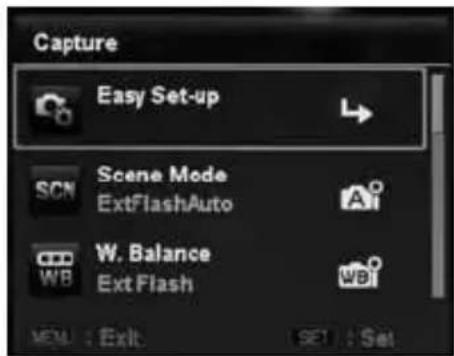 Capture Easy Set-up SCN Scene Mode ExtFlashAuto W. Balance WB Ext Flash MENU : Exit SET : Set