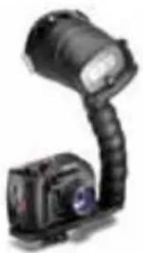 Black handheld camera with adjustable arm and base (no visible text or symbols)