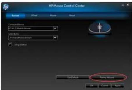 HP Mouse Control Center Button Wheel Mouse About Connected Drive HP 361 F1 Mouse Mouse Select Button Primary Mouse Return Temp Button Use Default Pursing Wizard OK Cancel Apply