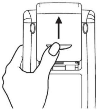 Line drawing of a hand holding a device with an upward arrow, no text or symbols present