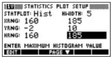 EW STATISTICS PLOT SETUP STATPLOT: Hist HWIDTH: 5 XRNG: 160 185 YRNG: -2 10 HRNG: 160 185 ENTER MAXIMUM HISTOGRAM VALUE EDIT PAGE
