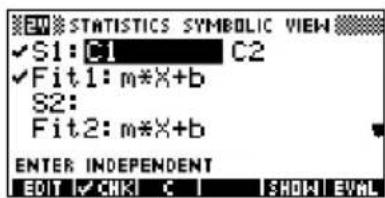 STATISTICS SYMBOLIC VIEW ✓S1:C1 C2 ✓Fit1:m*X+b S2: Fit2:m*X+b ENTER INDEPENDENT EDIT ✓CHK C | SHOW EVAL