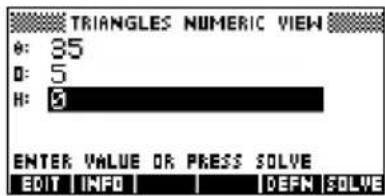 TRIANGLES NUMERIC VIEW #: 35 D: 5 H: 0 ENTER VALUE OR PRESS SOLVE EDIT INFO DEFM SOLVE
