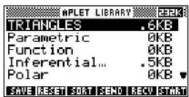 APLET LIBRARY TRIANGLES .6KB Parametric 0KB Function 0KB Inferential... .5KB Polar 0KB SAVE RESET SORT SEND RECU START