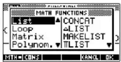 MATH FUNCTIONS List CONCAT Loop ALIST Matrix MAKELIST Polynom. TLIST MTH CONS KANCL OK