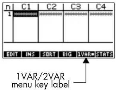 n C1 C2 C3 C4 1 EDIT INS SORT BIG 1VAR STATS 1VAR/2VAR menu key label
