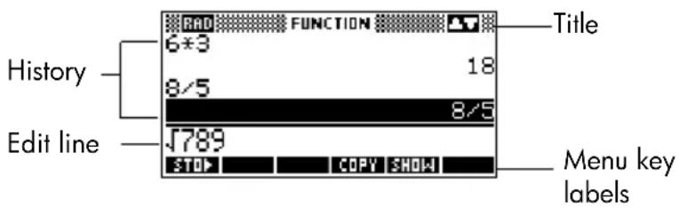 History Edit line RAD FUNCTION 6*3 8/5 √789 STO COPY SHOW 18 8/5 Title Menu key labels