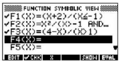 FUNCTION SYMBOLIC VIEW ✓F1(X)=(X+2)/(X≤-1) ✓F2(X)=X²/(X)-1 AND... ✓F3(X)=(4-X)/(X>1) F4(X)= F5(X)= EDIT ✓ CHK X SHOW EVAL