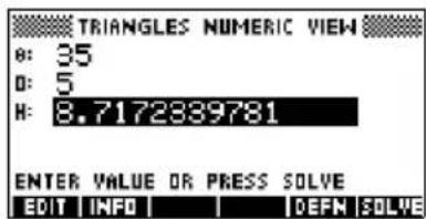 TRIANGLES NUMERIC VIEW A: 35 B: 5 H: 8.7172939781 ENTER VALUE OR PRESS SOLVE EDIT INFO DEFM SOLVE